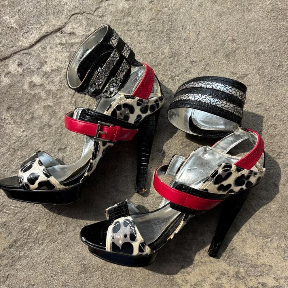 y2k leopard/cheetah print statement heels with red accents